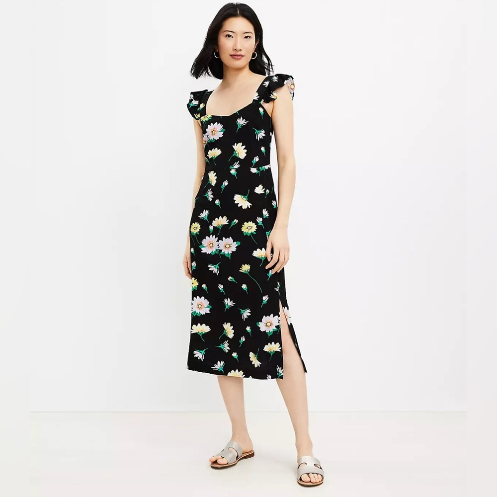 LOFT Black Floral Ruffle Strap Midi Dress